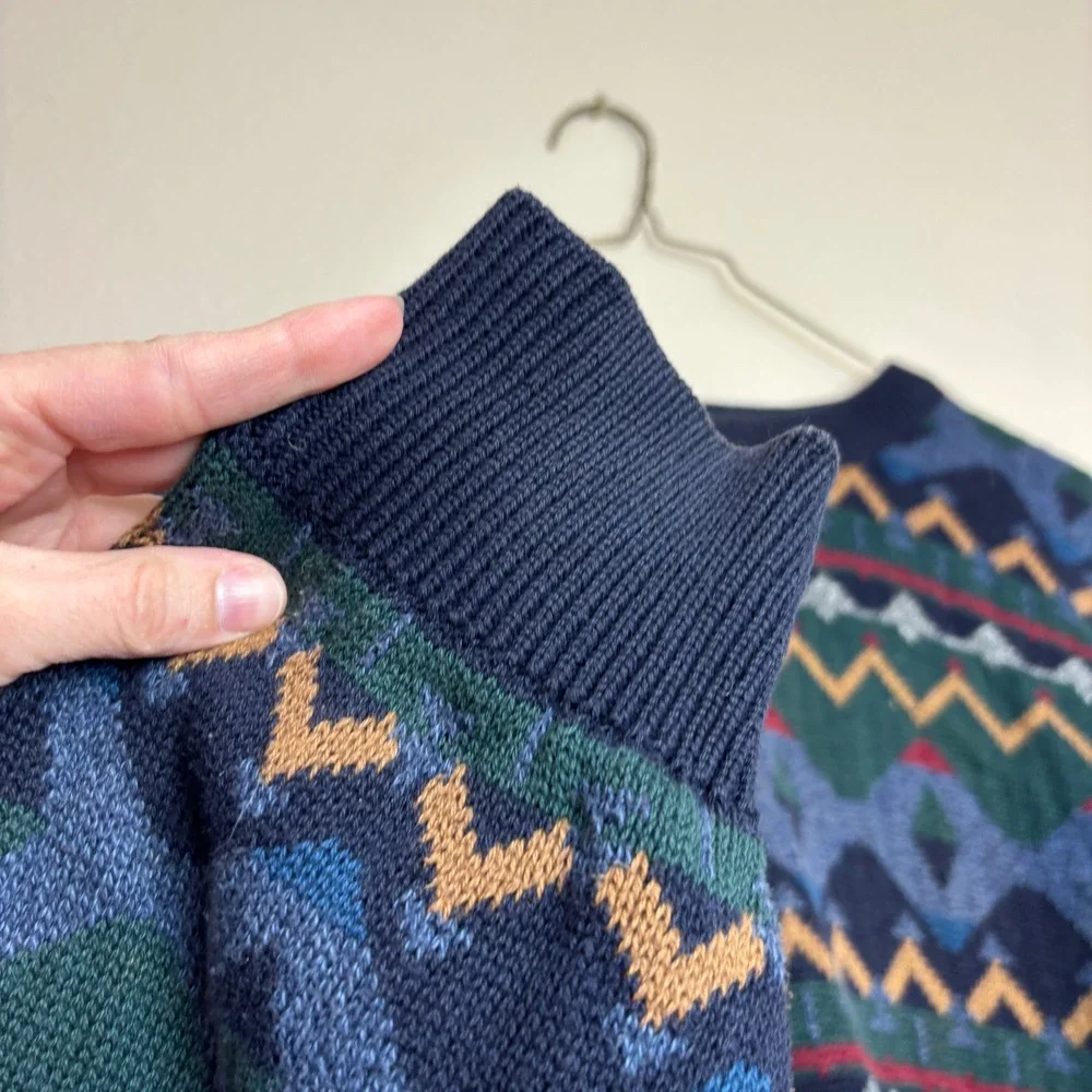 Vintage Mens Large L Cotton Geometric Knit Sweater USA Grandpa Eclectic‎ Blue